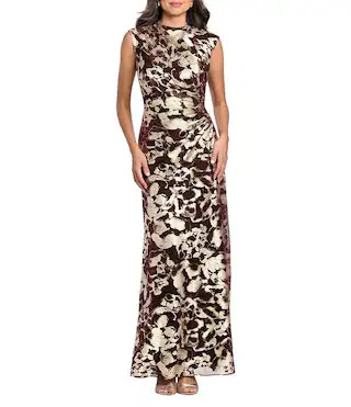 Betsy  Adam Crinkle Metallic Mock Neck Sleeveless A-Line Gown -  4 | Dillard's