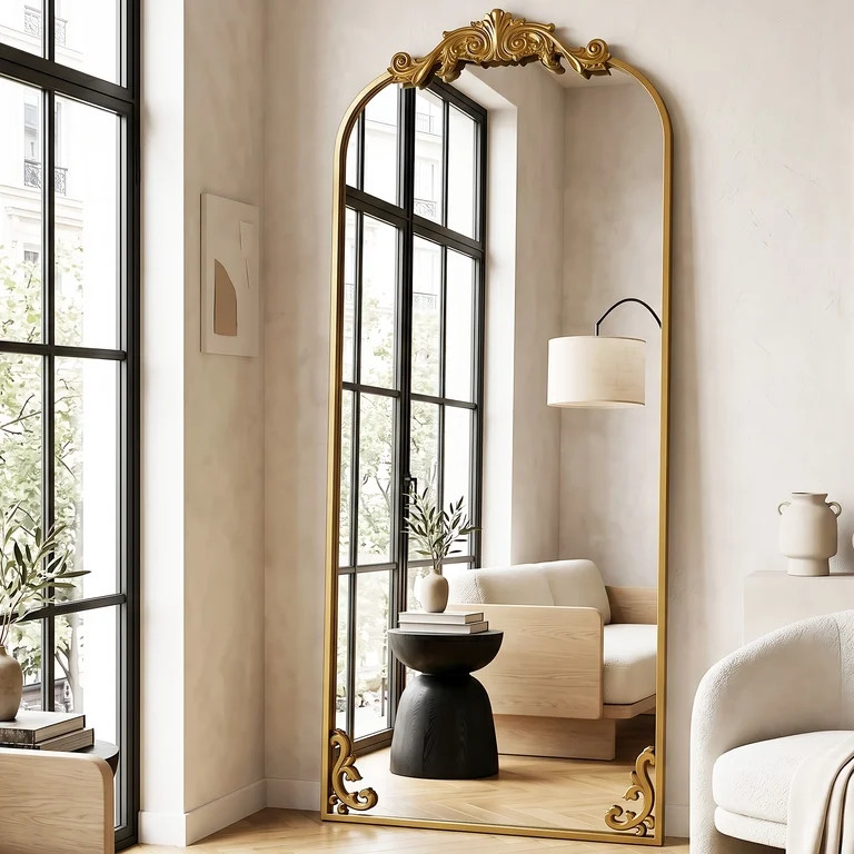 BEAUTYPEAK 74"x32" Full Length Mirror with Baroque Flower Head Design Wall-Mounted Mirror,Gold | Walmart (US)