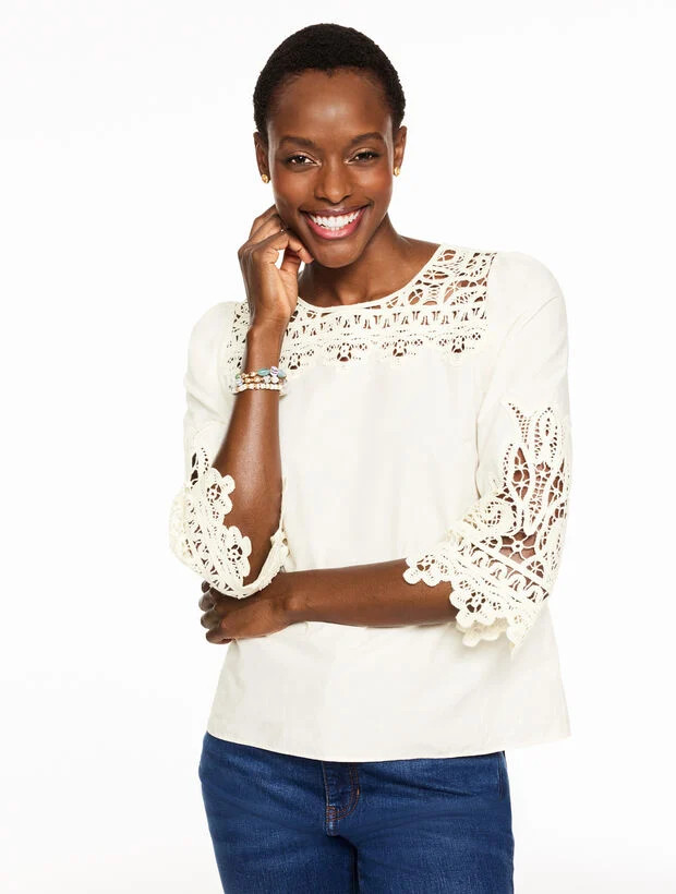 Lace Trim Poplin Top | Talbots