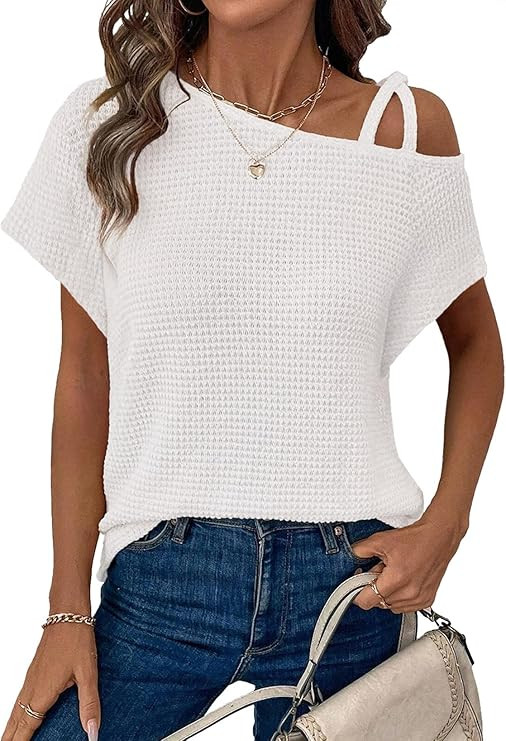Dokotoo Womens Summer Tops Off One Shoulder Waffle Knit Short Sleeve T-Shirts Casual Lightweight ... | Amazon (US)
