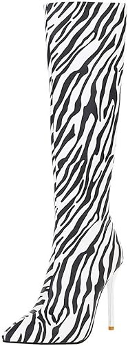 Meefit Women Zebra Print Knee High Boots Stiletto High Heel Pointed Toe Knee Length Boots | Amazon (US)