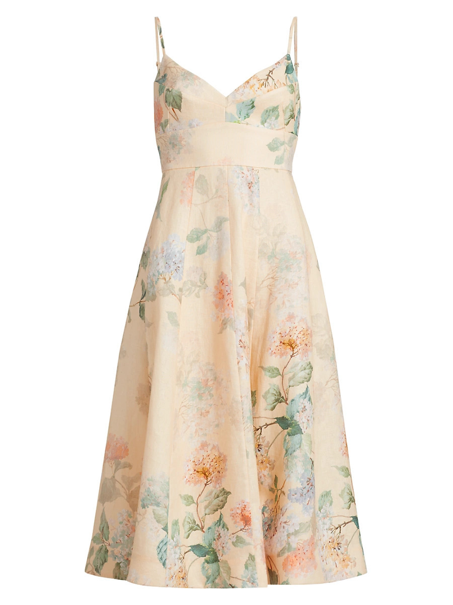 Women's Floral Linen Midi-Dress - Lemon Hydrangea - Size 4 | Saks Fifth Avenue
