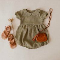 Sage Green Linen Peter Pan Collar Bubble Playsuit, Baby Linen Romper, Girl Romper | Etsy (US)