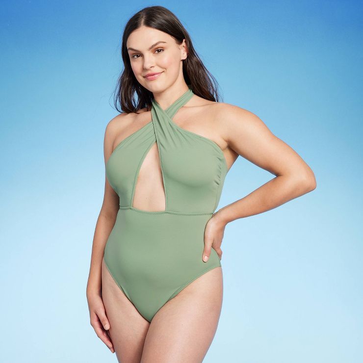 Women's Cross Front Halter One Piece Swimsuit - Shade & Shore™ Green | Target