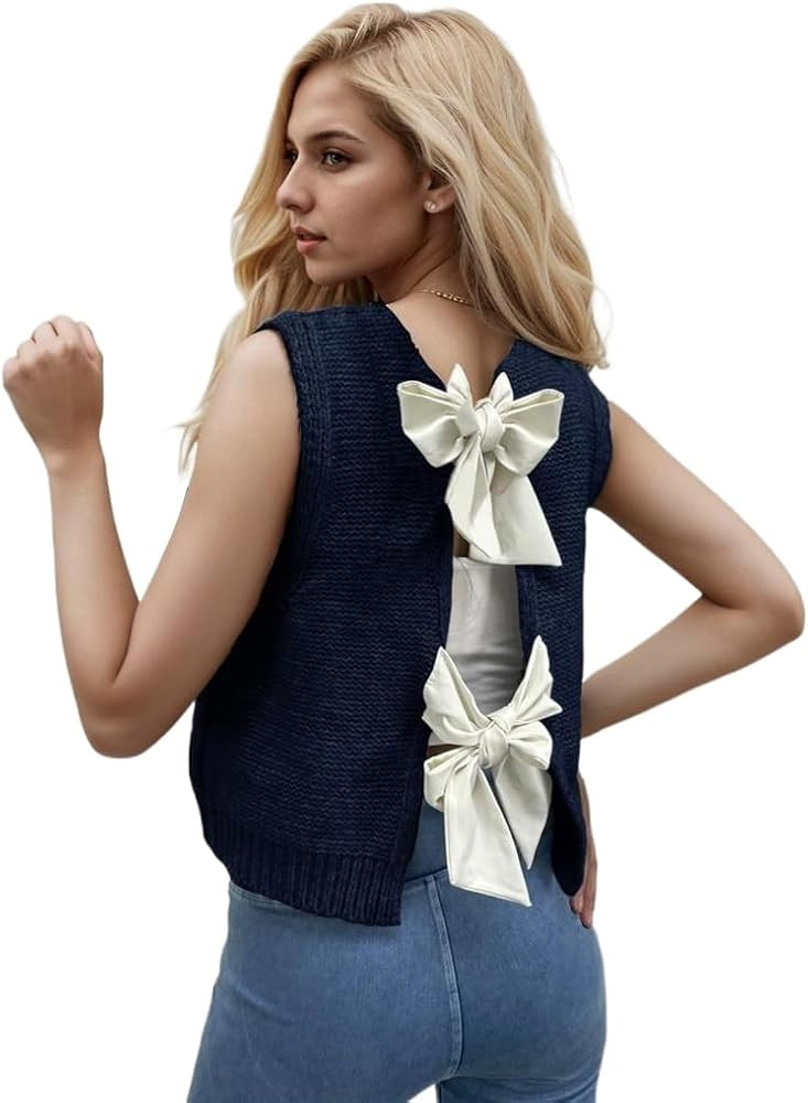 Women's Bow Tie Back Knitted Tank Tops Y2K Casual Sleeveless Vest Top Cute Crewneck Crop Sweater ... | Amazon (US)