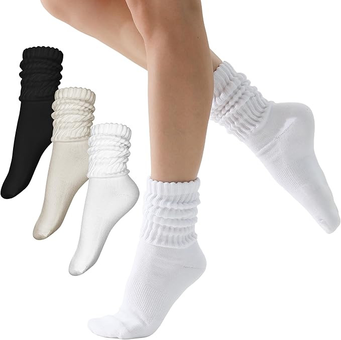3-Pair Cotton Crew Slouch Socks Womens Scrunch Ribbed Soft Retro Boot Calf Sock | Amazon (US)
