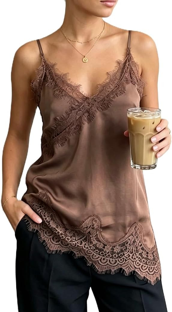 Women Satin Lace Trim Cami Tops Silk V Neck Spaghetti Strap Tank Top Y2k Loose Going Out Camisoles Streetwear | Amazon (US)