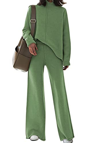 Fixmatti 2 Piece Knit Set for Women High Neck Sweater and Wide Leg Pants Tracksuit Knitted Outfit Green M | Amazon (US)