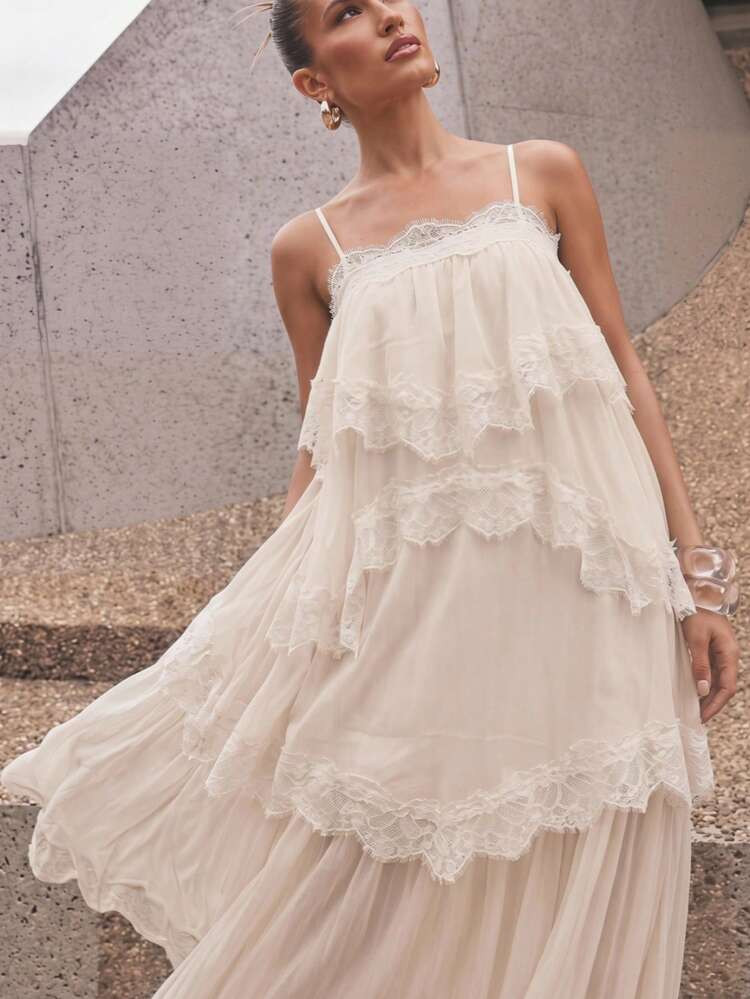 Lumalex Cream White Lace Trim Tiered Maxi Dress,Elegant Summer Layered Chiffon Spaghetti Straps F... | SHEIN