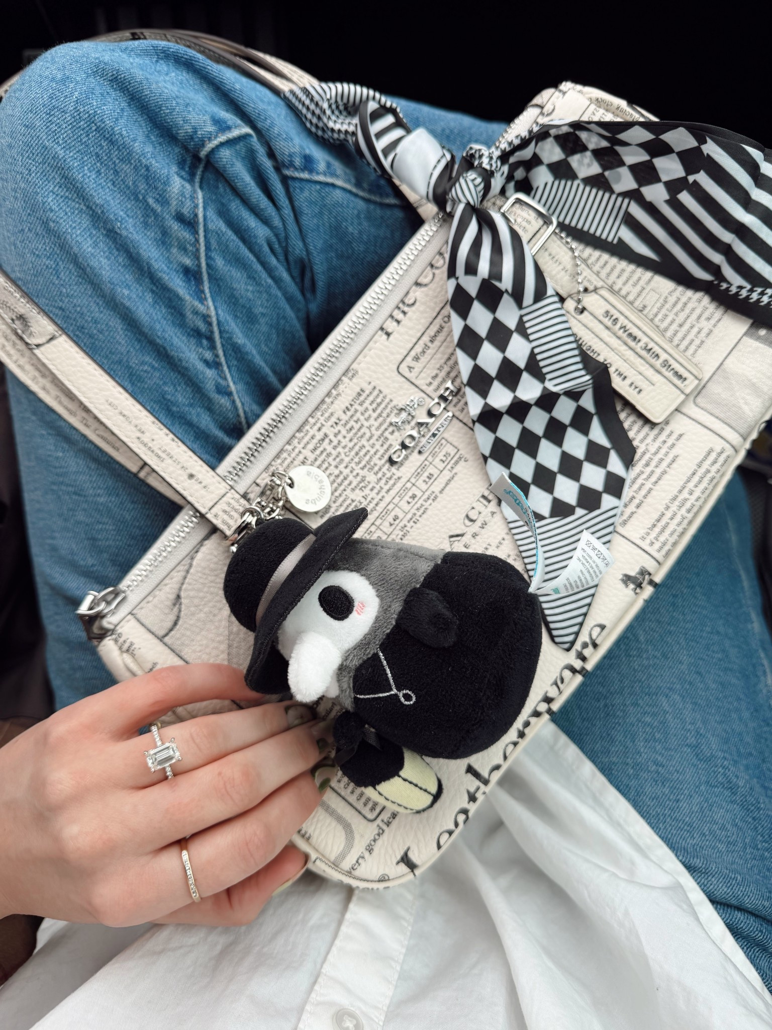 In a spooky mood today 🖤🤍 I love history so I  picked up this adorable little plague doctor bag charm and knew it would be perfect for our upcoming trip to Edinburgh!
Also this news paper print bag from the Coach outlet is also like a little piece for Coach history with real advertisements and news stories 🖤

Coach outlet newspaper print Asher bag

Cute bag charms 

#LTKootd