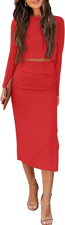 PRETTYGARDEN Womens 2024 Fall 2 Piece Outfits Track Suits Long Sleeve Crop Tops Bodycon Midi Skir... | Amazon (US)