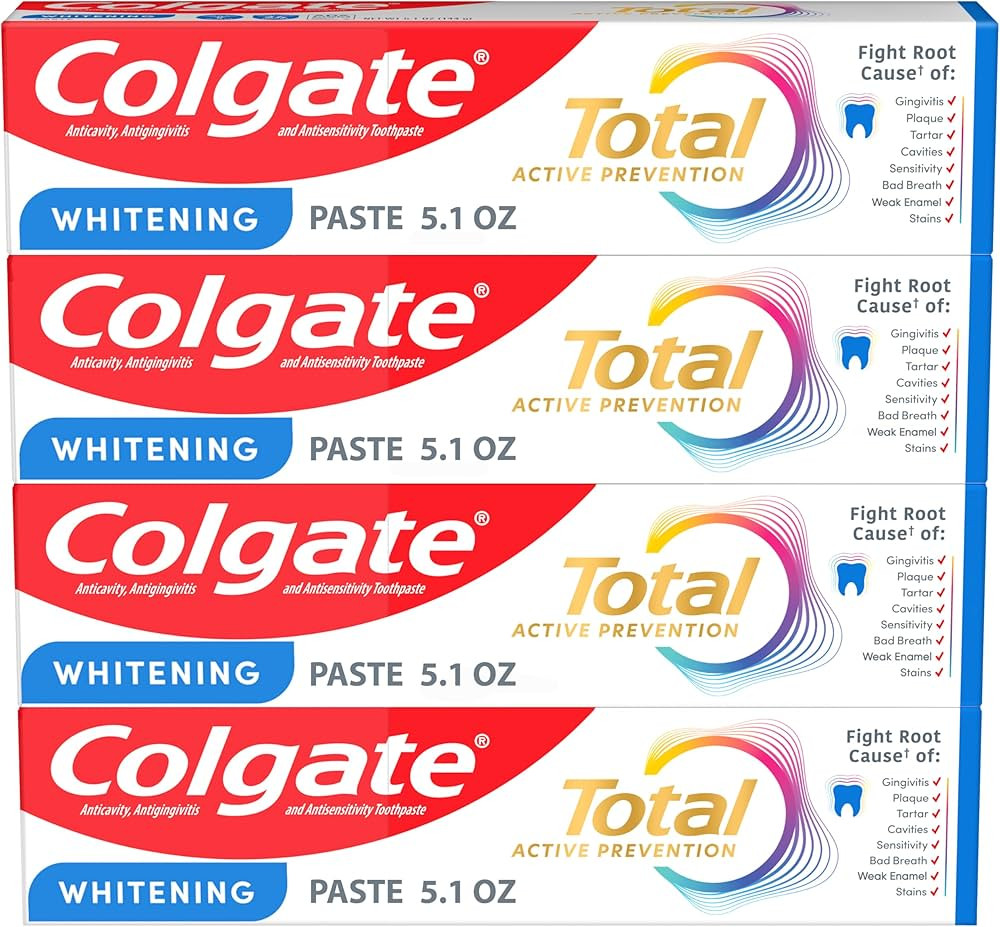 Colgate Total Whitening Toothpaste Paste, 5.1 oz, 4 Pack, Fluoride, Antibacterial, for Plaque, Gi... | Amazon (US)