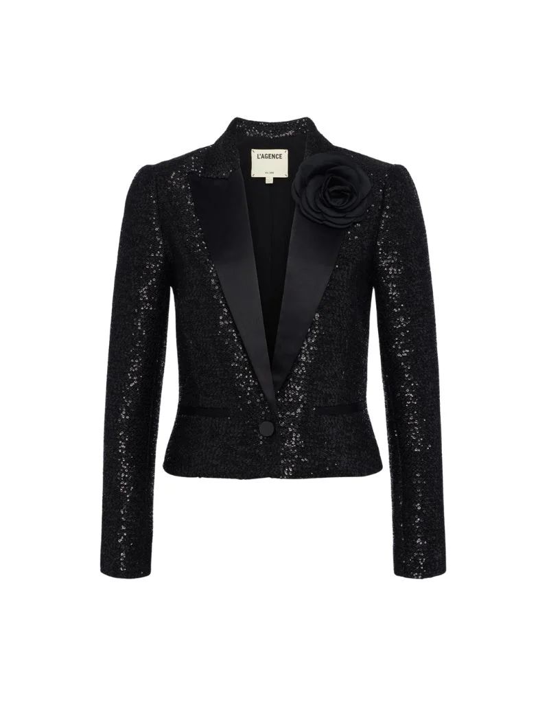 L'agence Scarlet Crop Blazer in Black Sequin Tweed | Ambiance