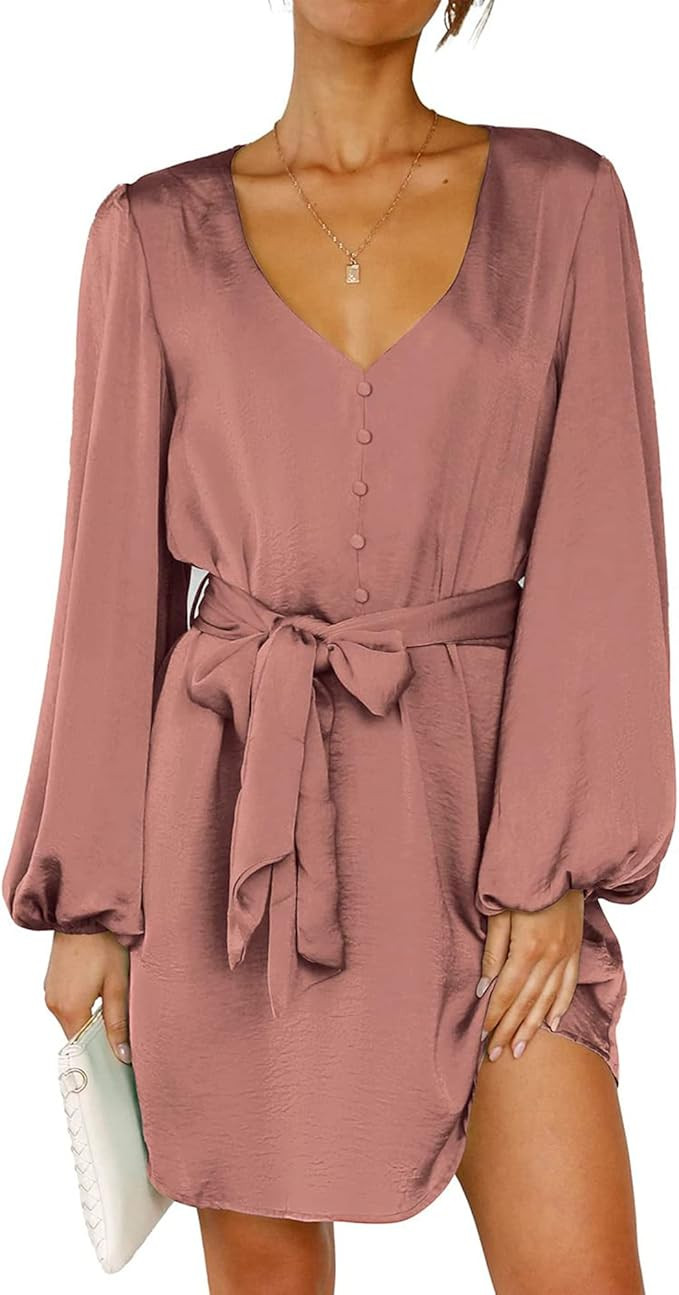 BTFBM 2023 Women's Long Puff Sleeve Satin Dress Casual V Neck Belted Short Spring Summer Party Co... | Amazon (US)