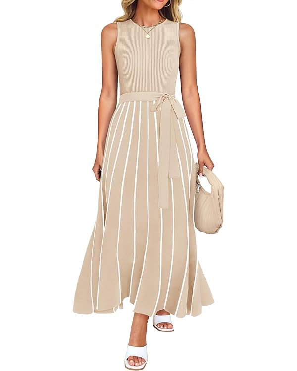 ZESICA Women's Summer Spring Midi Dress 2025 Sleeveless Ribbed Knit Tie Waist Casual A Line Sweat... | Amazon (US)