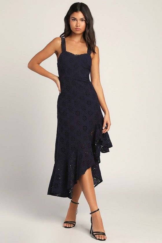 Adoring Days Navy Blue Eyelet Ruffled Asymmetrical Dress- Mothers Day Outfit | Lulus (US)