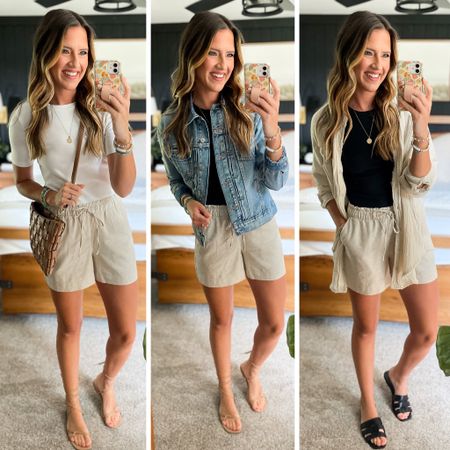 Linen shorts styling ideas 

Shorts - xs 
White tee - small
Black tank - small
Jacket - small
Gauze cover up - small

#LTKunder50 #LTKFind #LTKstyletip