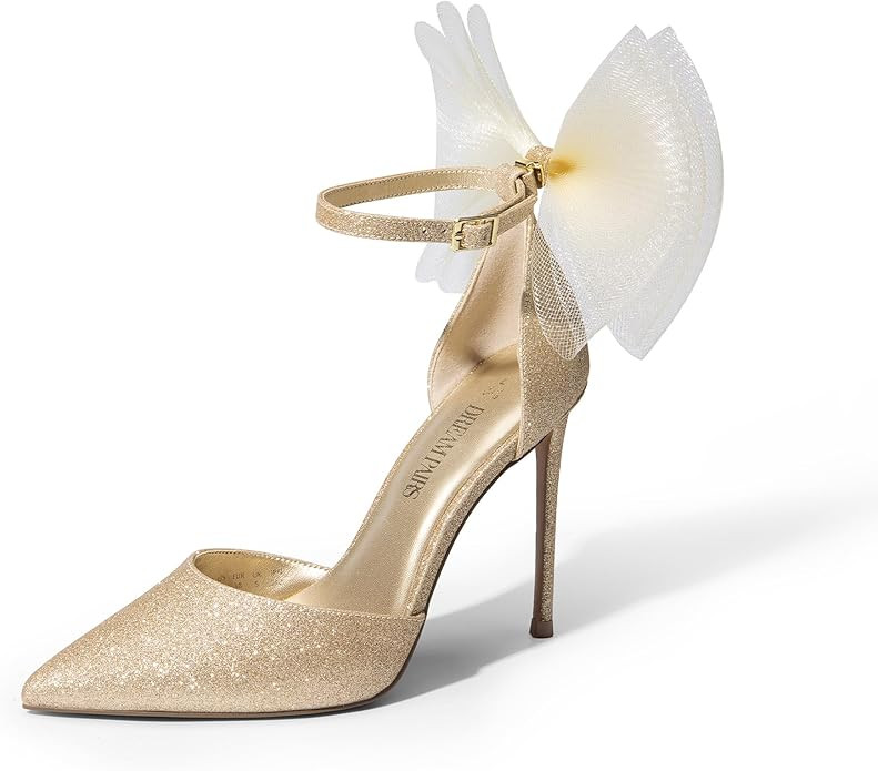 DREAM PAIRS Women's High Heels Strappy Closed Toe Stiletto Pointed Toe Mesh Bows Ankle Strap D'Or... | Amazon (US)