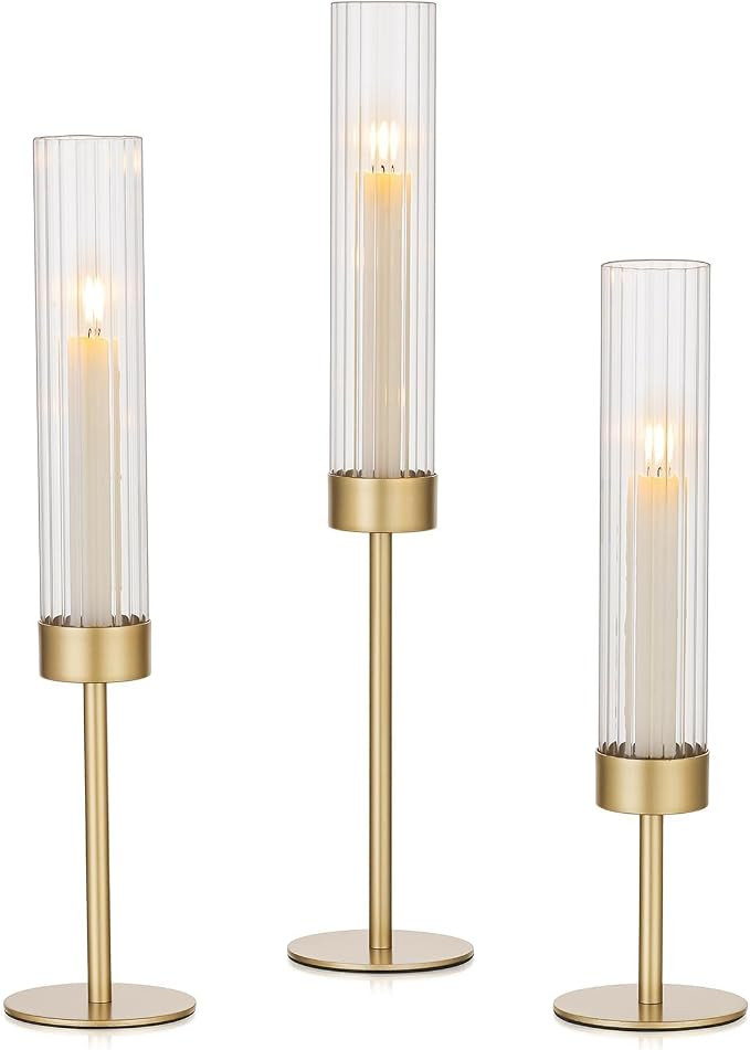 Hewory Gold Hurricane Candle Holder: 3PCS Candlestick Holders for Decor | Ribbed Glass, Brass Tap... | Amazon (US)