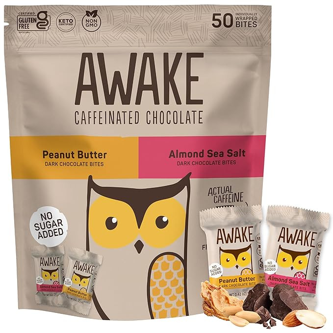 AWAKE - Caffeinated Chocolate Bites - Variety Pack (No Sugar Added), 50 Bites - Almond Sea Salt &... | Amazon (US)
