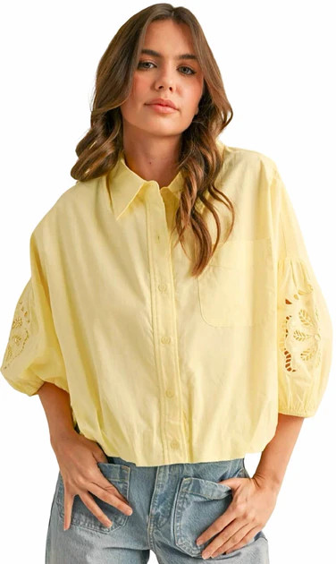 Cut Out Embroidered Bubble Sleeve Top In Pale Yellow | Shop Simon