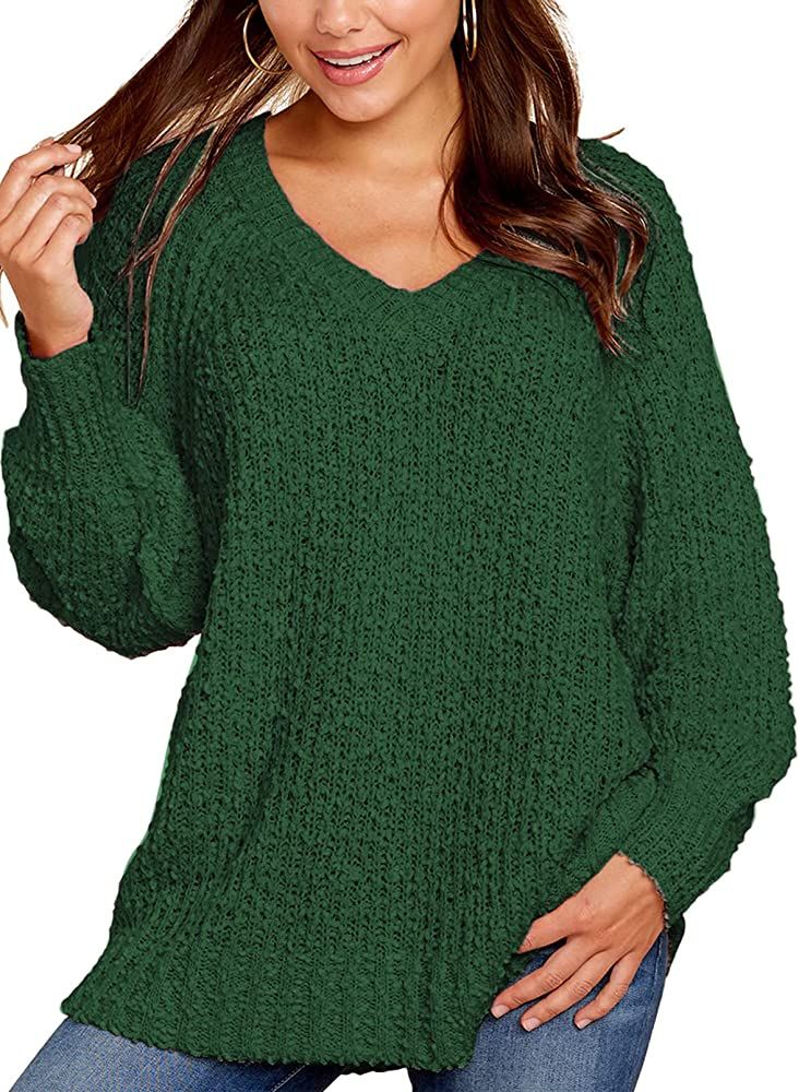KIRUNDO 2023 Fall Winter Women's Fuzzy Popcorn Sweaters V Neck Long Sleeves Loose Fit Sweatshirt ... | Amazon (US)