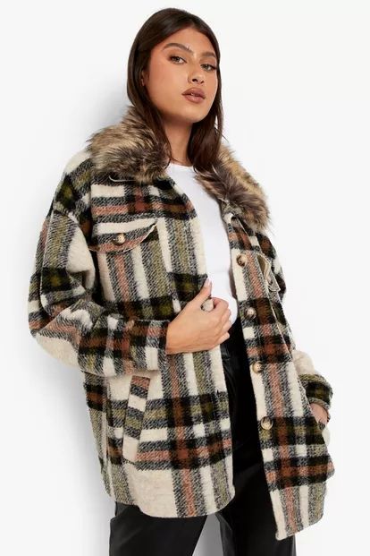 Check Fur Collared Shacket | Boohoo.com (US & CA)