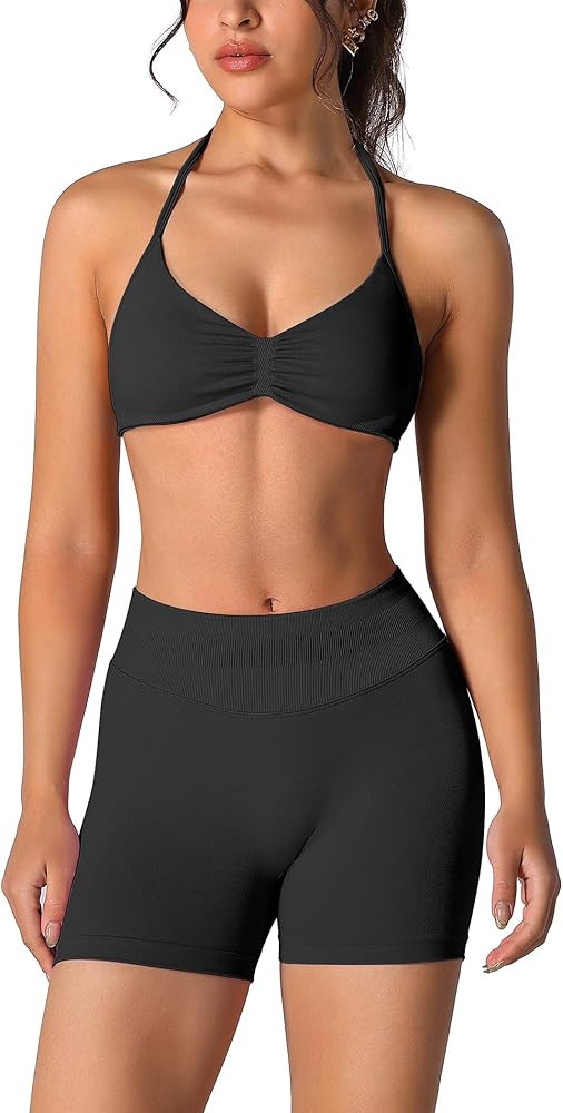 ABOCIW Womens Seamless Workout Sets 2 Piece Strappy Halter Sports Bra Scrunch Butt Shorts Gym Yog... | Amazon (US)