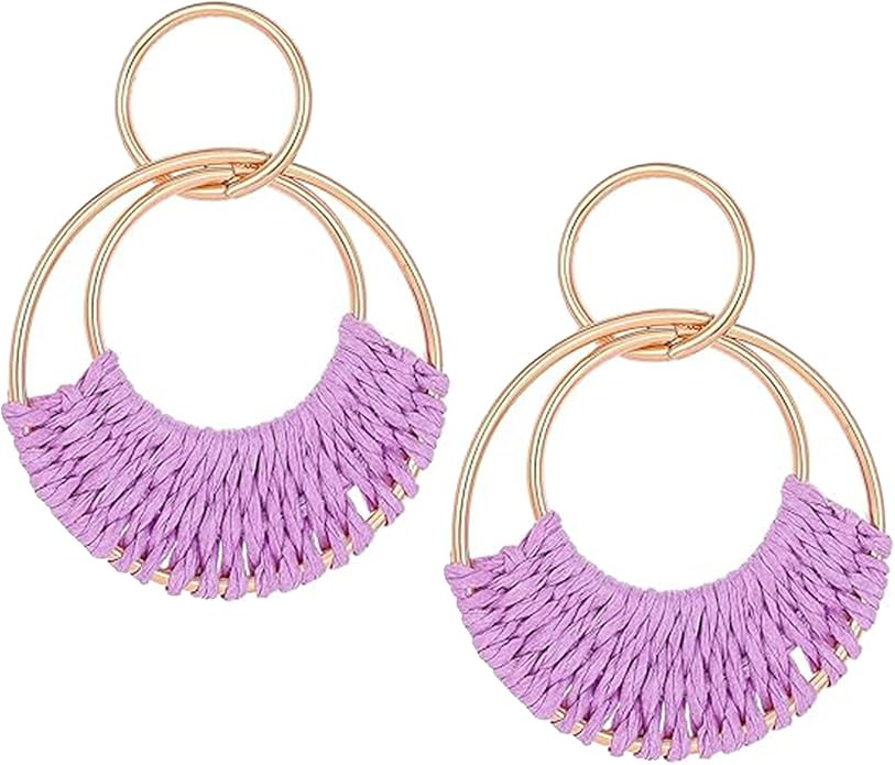 Rattan Weave Earrings Boho Summer Raffia Hoop Dangle Earrings for Women Bohemian Raffia Braid Str... | Amazon (US)