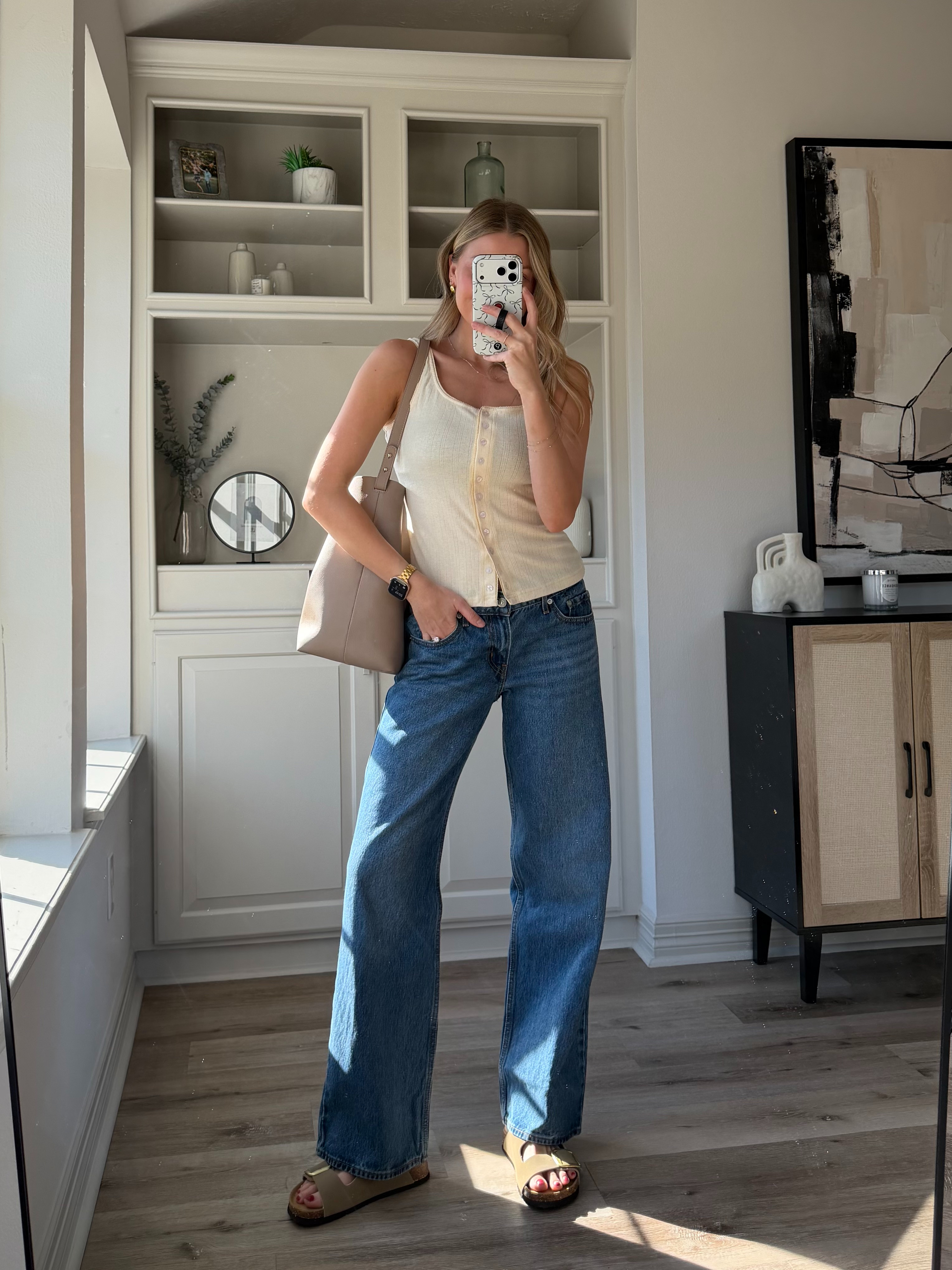 Everyday mom outfit idea for spring | S in button tank
 

 