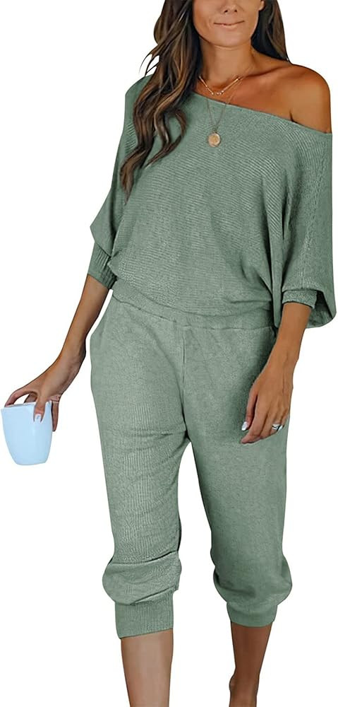 PRETTYGARDEN Women's 2 Piece Ribbed Tracksuit Outfits Off Shoulder Long Sleeve Pullover Lounge Pa... | Amazon (US)