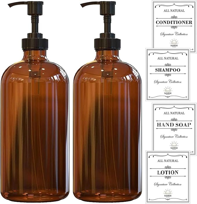 16 OZ Thick Amber Glass Soap Dispenser with Plastic Pump 2 Pack, Hand and Dish Soap Dispenser Set... | Amazon (US)