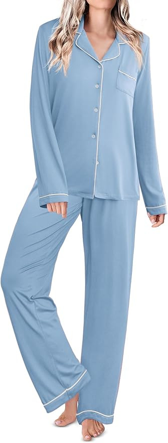 Ekouaer Pajamas for Women Button Down Pj Shirt and Pants Set Long Sleeve Lounge Set Soft 2 Piece ... | Amazon (US)