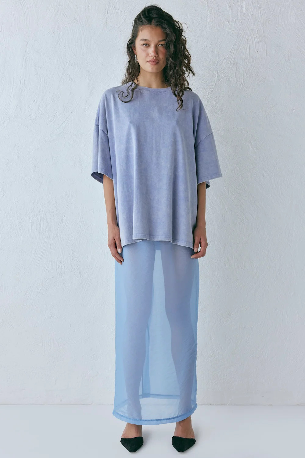 Devyn Sheer Midi Skirt Powder Blue | VRG Grl