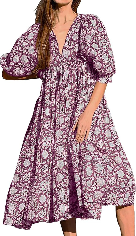 Casual Summer Dresses for Women Swing Floral Half Open Collar Boho Puff Sleeve Loose Midi Beach D... | Amazon (US)