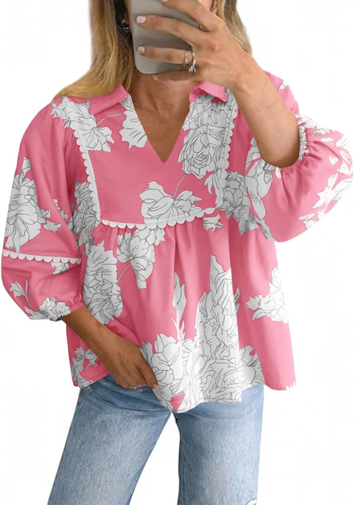 Tankaneo Womens Floral Peplum Babydoll Tops 3/4 Puff Sleeve Pleated Blouse Cute Casual V Neck Loo... | Amazon (US)