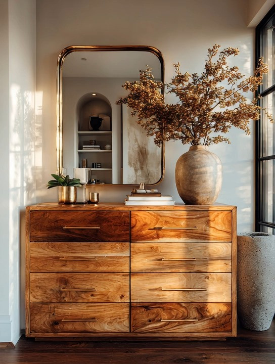 Some of the most beautiful spaces are built on just three elements:

Wood.
Gold.
And reflection.

This look feels elevated, but it’s actually very simple to recreate.

Start with a natural wood dresser—something with rich grain and warmth. Then swap out the hardware to gold. That one small detail instantly changes the entire feel.

Now add a gold-framed mirror above.

That’s where the transformation happens.

The mirror reflects light, the gold adds refinement, and the wood grounds everything. Together, they create a space that feels warm, layered, and quietly luxurious.

And the best part? You don’t need a full setup.

A smaller console, a compact dresser, or even a hallway piece works just as beautifully.

Explore our curated edit of gold-framed mirrors, cabinet hardware, and wooden storage pieces in multiple sizes and styles—all linked below to help you create this effortlessly elevated look.

#WarmMinimalism #ElevatedInteriors #TimelessHome 

 #LTKHome
