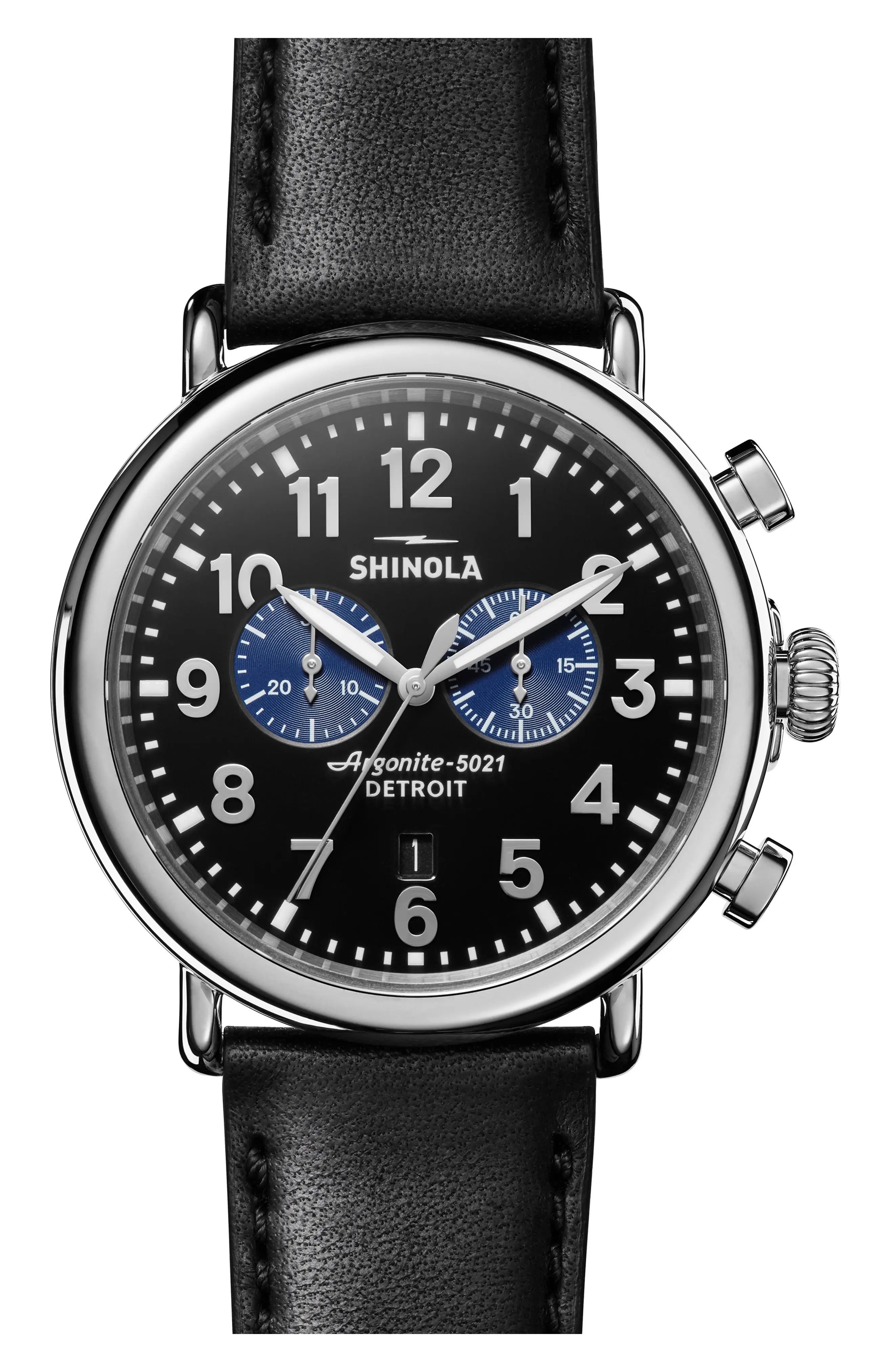 Shinola The Runwell Chrono Leather Strap Watch, 47mm in Black/Silver at Nordstrom | Nordstrom