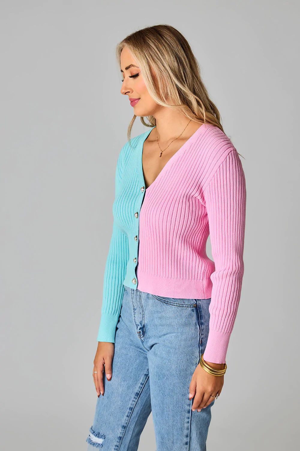 BuddyLove | Noah Cropped Ribbed Sweater | Pink/Blue | BuddyLove