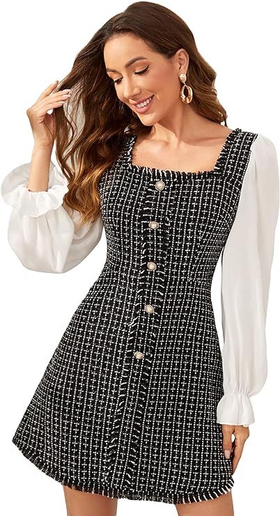 WDIRARA Women's Plaid Raw Hem Button Front Long Sleeve Tweed A Line Short Dress Black and White L... | Amazon (US)