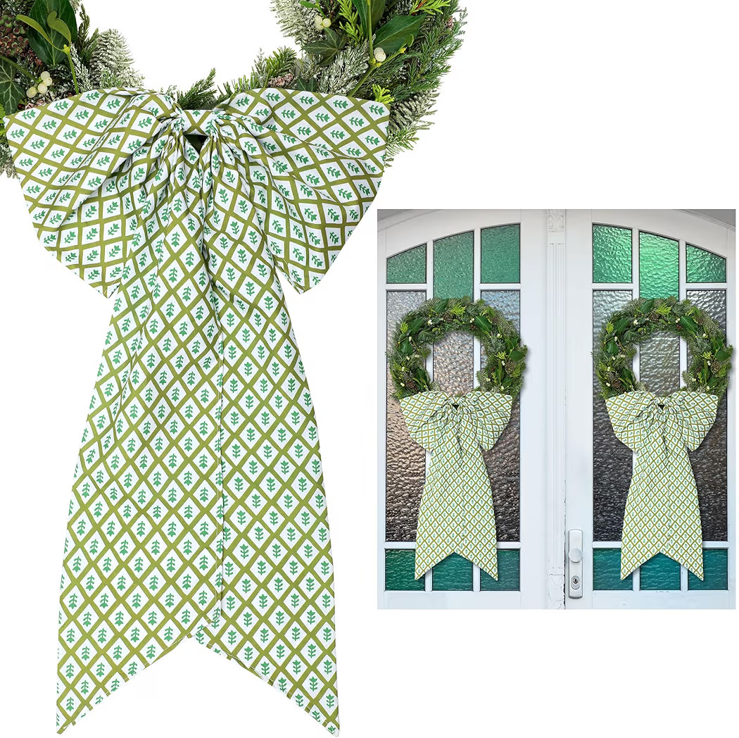 2 Pcs Green Block Print Bow Wreath Sash 24 x 16 Inch Christmas Wreath Sash for Front Door Holiday... | Amazon (US)