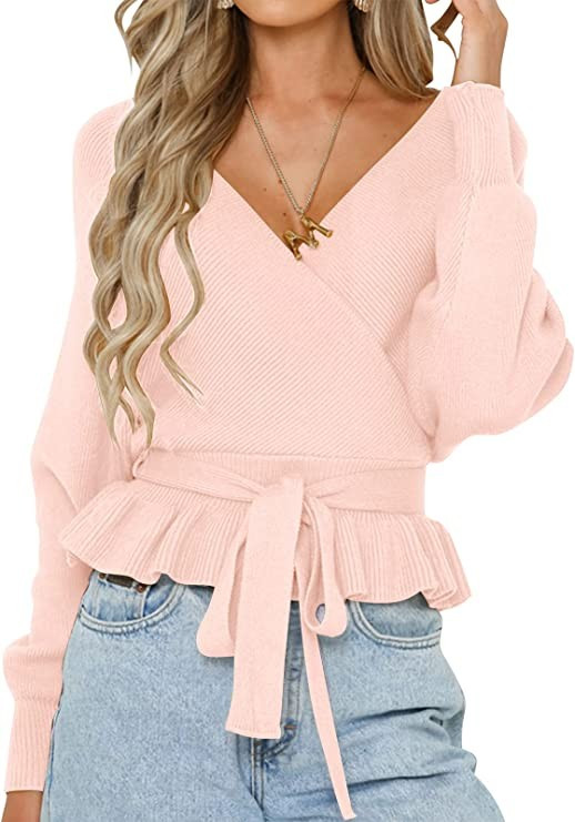 ZESICA Women's Wrap V Neck Long Batwing Sleeve Belted Waist Ruffle Knitted Sweater Pullover Top,C... | Amazon (US)