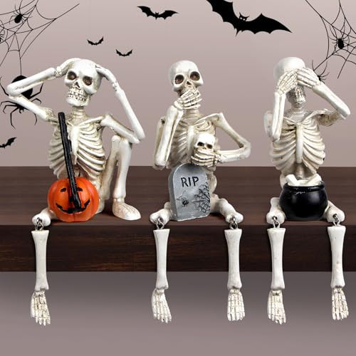 Mrlikale Halloween Skeleton Statue Set of 3, Gothic Decoration of Skull with Pumpkin and Tombstone, See Speak Hear No Evil Statues Home Decor | Amazon (US)