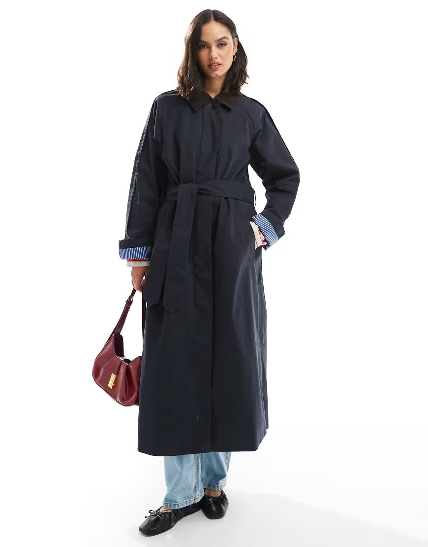 ASOS DESIGN – Trenchcoat in Marineblau mit Cordkragen | ASOS (Global)