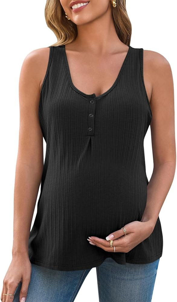 Tankaneo Womens Maternity Henley Tank Tops Summer Scoop Neck Ribbed Knit Sleeveless Shirts Casual... | Amazon (US)