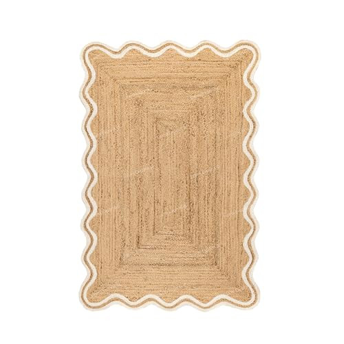 Natural Jute Scalloped Wave Area Rug 5x7 Ft - White Rectangular Double Trim Rugs for Home & Kitchen, Handmade Carpet, Natural Jute Hallway Large Rectangular Area Rug | Amazon (US)