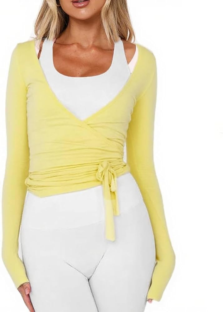 Women Wrap Tie Top Y2k Long SLeeve Ballet Workout Yoga Shirt Coquette Blouses | Amazon (US)