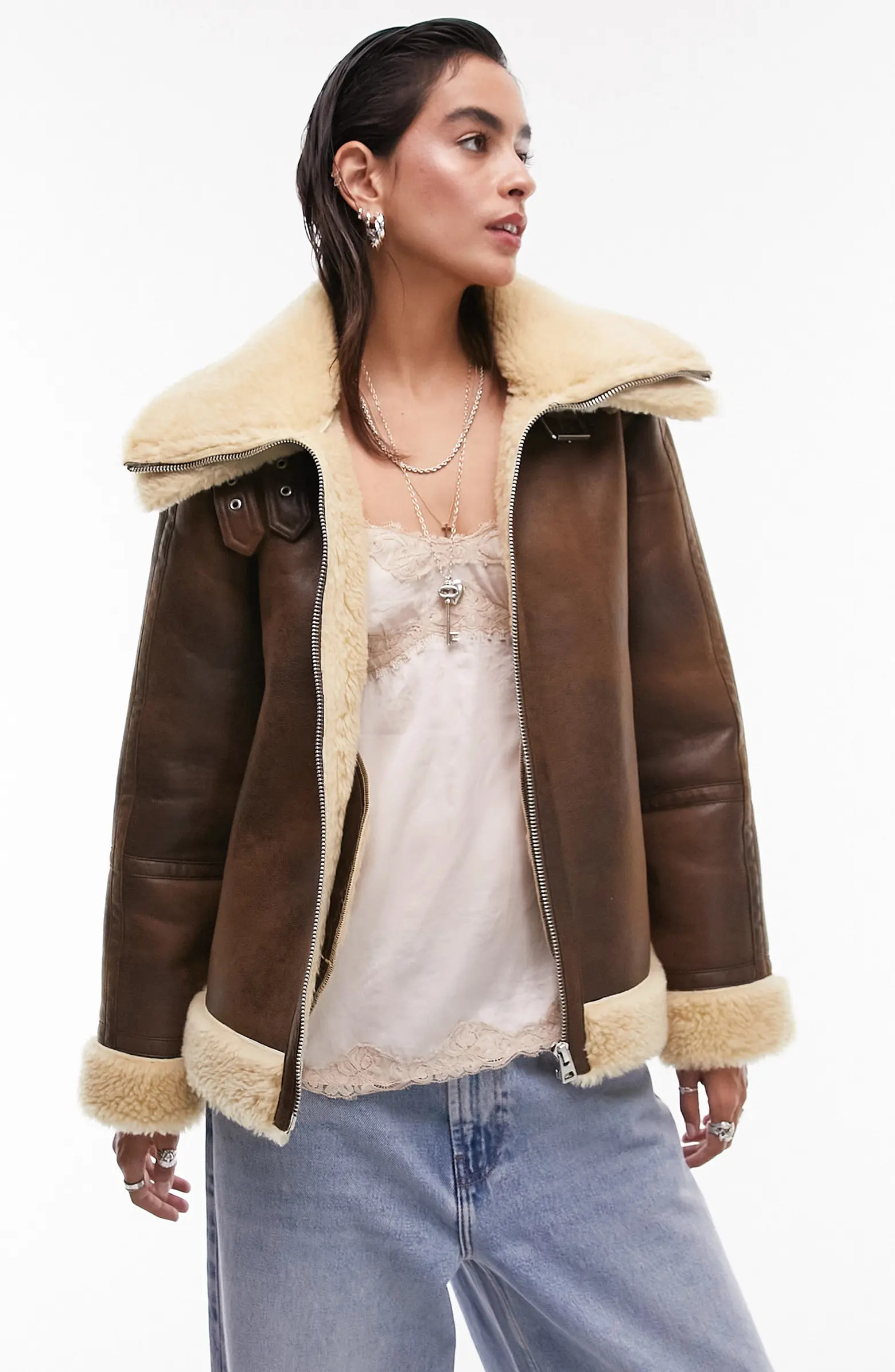 Faux Leather Aviator Jacket with Faux Fur Trim | Nordstrom