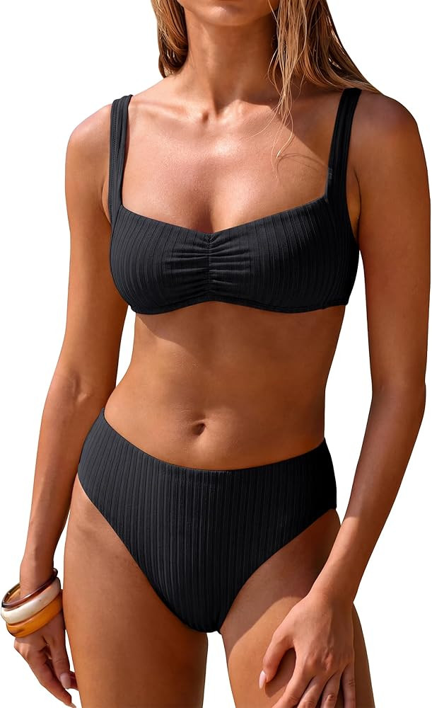 ANRABESS Bikini Sets for Women Summer Swimsuit Front Ruched 2 Piece Bathing Suit Ribbed Color Blo... | Amazon (US)