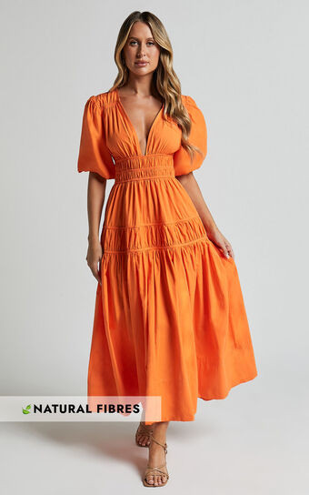 Mellie Midi Dress - Puff Sleeve Plunge Tiered Dress in Orange | Showpo (US, UK & Europe)